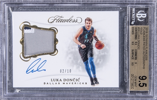 2018-19 Panini Flawless "Flawless Patch Autographs" Gold #39 Luka Doncic Signed Game Used Patch Rookie Card (#02/10) – BGS GEM MINT 9.5/BGS 10